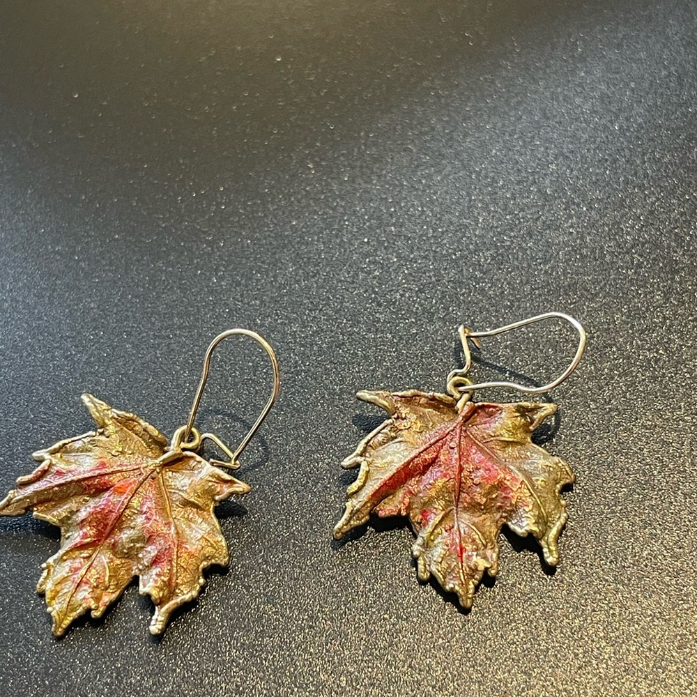Gold and Red Leaf Earrings